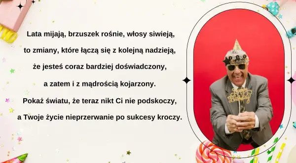 Wesoły pan w okularach i czapce urodzinowej, trzymający napis "Happy Birthday". Obok wierszyk, który może posłużyć jako śmieszne wierszyki dla koleżanki.