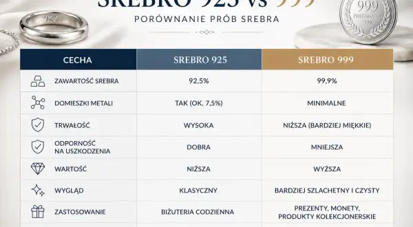 Porównanie srebra 925 i 999: właściwości, zawartość, trwałość i zastosowanie. Srebro 999 jest czystsze, ale mniej trwałe.