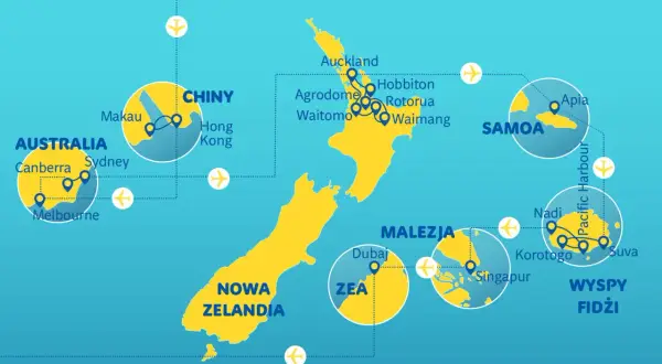 Mapa pokazuje podróże po państwach w Oceanii: Nowa Zelandia, Australia, Samoa, Fidżi, Malezja, ZEA i Chiny.