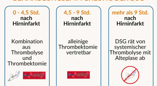 Behandlungsempfehlung bei Hirninfarkt: Kombination aus Thrombolyse und Thrombektomie (0-4,5 Std.), alleinige Thrombektomie (4,5-9 Std.), DSG rät von systemischer Thrombolyse ab (>9 Std.).