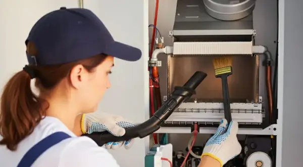 Technicienne effectuant le ramonage d'une chaudière à condensation avec un aspirateur et une brosse.