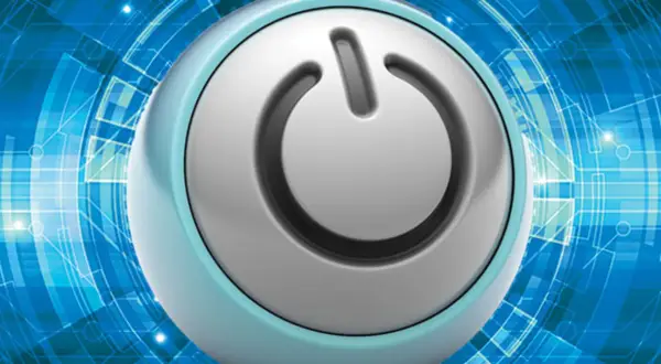 Przycisk zasilania na tle cyfrowej sieci. Symbolizuje automatyczne wyłączanie komputera i oszczędzanie energii.
