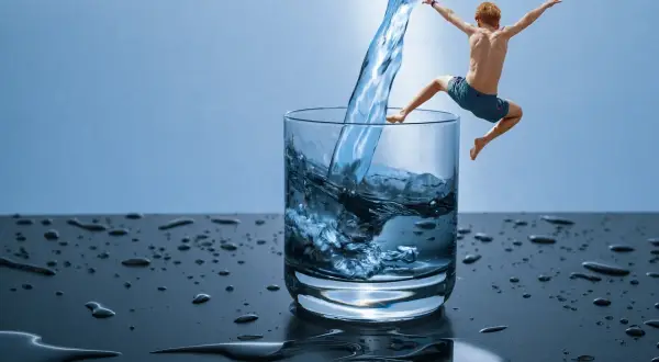 Chłopiec skacze do szklanki z wodą, jakby odkrywał, czym jest hydroterapia.