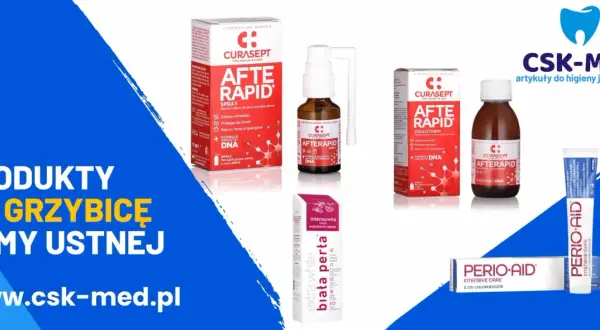 Produkty na grzybicę jamy ustnej bez recepty: spray, płyn i pasta Curasept After Rapid, Perio-Aid oraz wybielająca pasta Biała Perła.