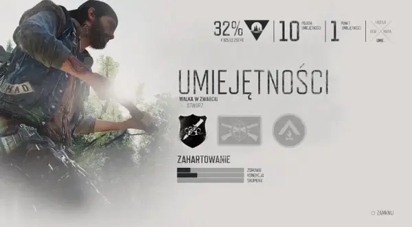 Menu umiejętności w Days Gone. Poziom 10, 32% postępu. Zobacz statystyki i odblokuj nowe zdolności.