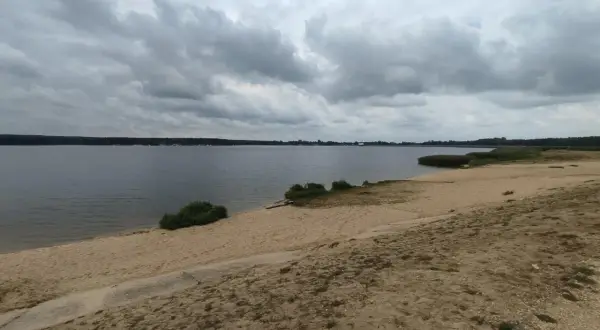 Plaża nad zalewem porajskim pod pochmurnym niebem. Woda spokojna, brzeg piaszczysty z kępami zieleni.