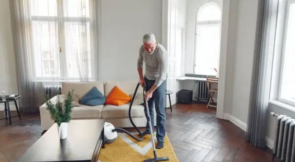 Mężczyzna odkurza dywan w salonie. Sprzątanie w domu to jego sposób na relaks.