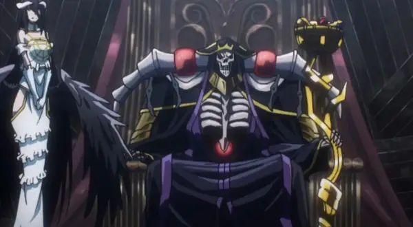 Ainz Ooal Gown thront auf seinem Thron, Albedo an seiner Seite. Die Szene deutet auf kommende Ereignisse in **Overlord Staffel 5** hin.