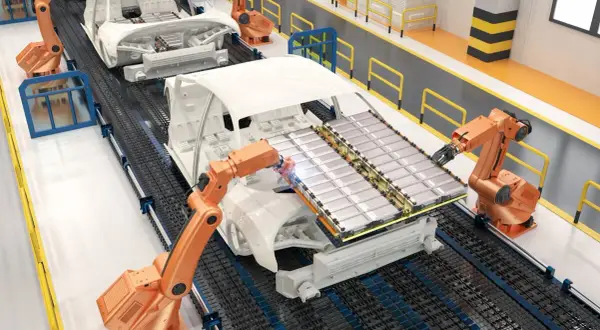 Roboty montują baterie do samochodów elektrycznych. To przyszłość recyklingu baterii samochodowych.