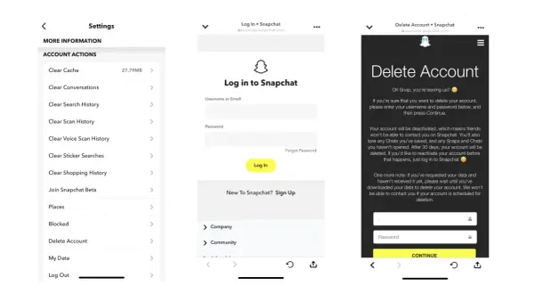Ekran ustawień Snapchata, gdzie można znaleźć opcję "Delete Account", aby dowiedzieć się, jak usunąć snapa.