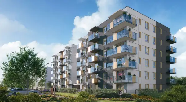 Nowoczesne apartamenty z przeszklonymi balkonami w Oruni Górnej. Zieleń i ludzie tworzą przyjazną atmosferę.