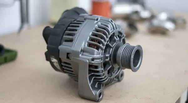 Alternator z widocznym mostkiem prostowniczym i kołem pasowym.