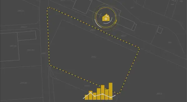 Mapa z zaznaczonym terenem i wykresem, analizującym ceny działek budowlanych.