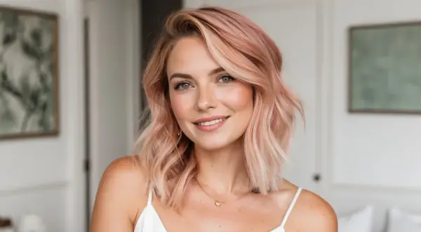 Lächelnde Frau mit welligem, erdbeerblondem Balayage-Haar und Sommersprossen.