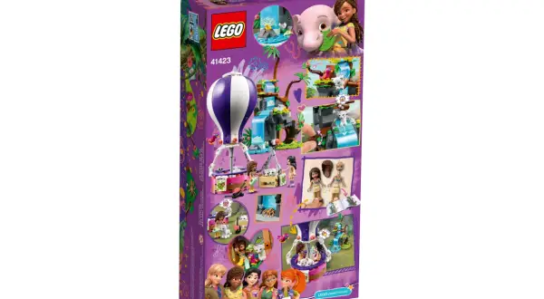 Zestaw lego 41423: dziewczyny ratują słonika i kotki w dżungli, podróżując balonem i odkrywając wodospady.