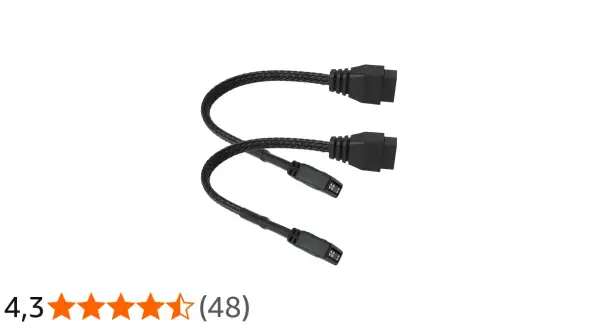 Rozdzielacz kabli do podświetlenia. Jeden kabel z trzema pinami (ARGB) i drugi z czterema (RGB).