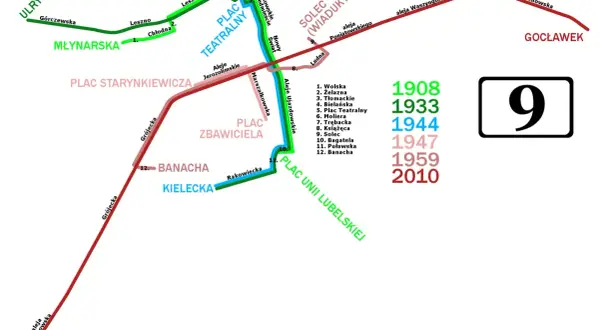 Mapa tras tramwajowych w Warszawie. Linia 9, która w 1944 roku jechała przez Plac Teatralny, dziś ma zmienioną trasę.