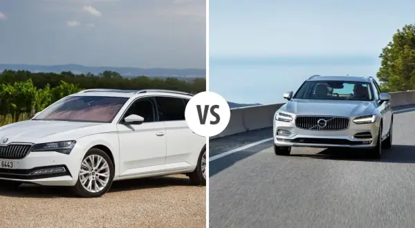 Porównanie białego kombi z winnicami i srebrnego Volvo V90 na drodze. Sprawdź wymiary Volvo V90.