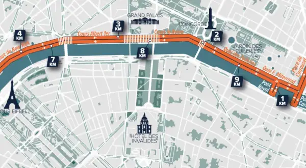 Carte du parcours de 10km des étoiles à Paris, longeant la Seine, passant par la Tour Eiffel, le Louvre et le Trocadéro.