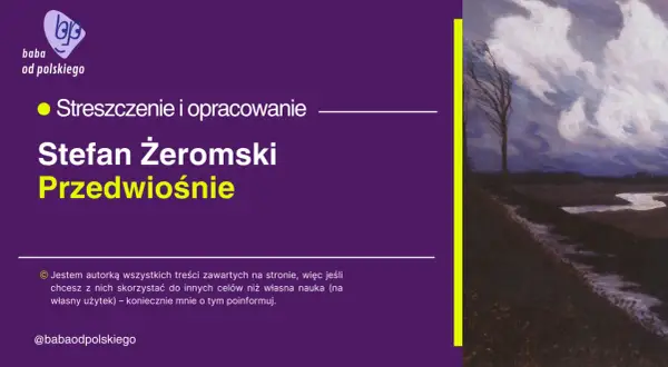 Obraz przedstawia fragment malowidła z drzewem na tle burzowego nieba i tekst "Stefan Żeromski Przedwiośnie".