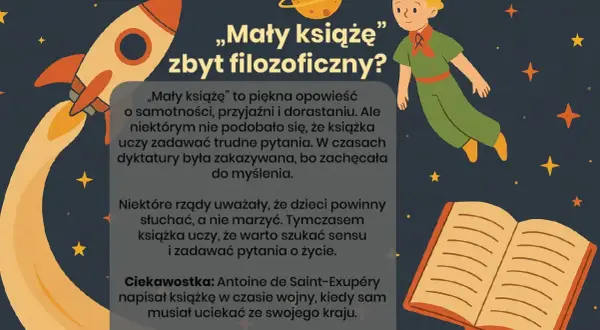 Ilustracja z Małym Księciem, rakietą i książką. Tekst omawia tę przypowieść i jej filozoficzne przesłanie.