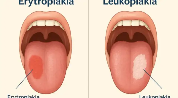 Dwa obrazy jamy ustnej pokazujące zmiany na języku: erytroplakię (czerwona plama) i leukoplakię (biała plama). Wczesne objawy raka jamy ustnej.
