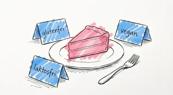 En rosa tårtbit på en tallrik, omgiven av skyltar som indikerar olika sorters tårtor: glutenfri, laktosfri och vegan.