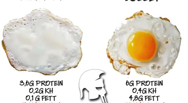 Spiegeleier: links nur Eiweiß (3,6g Protein), rechts das ganze Ei (6g Protein). Wähle weise für deine Ernährung!