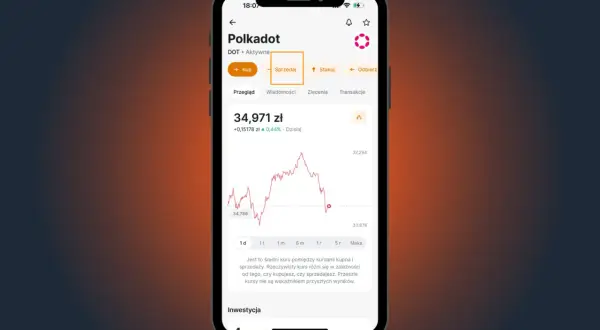 Aplikacja Revolut pokazuje kurs Polkadot. Sprawdzam, ile Revolut pobiera prowizji za kryptowaluty, analizując wykres i opcje kupna/sprzedaży.