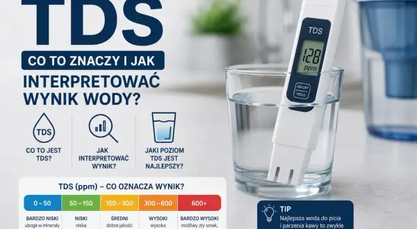 Miernik TDS w szklance wody pokazuje 128 ppm. Infografika wyjaśnia, co oznacza TDS i jak interpretować wyniki dla wody.