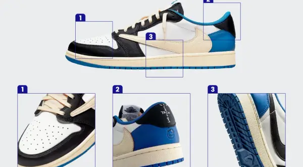 Buty Jordan 1 Low Travis Scott. Czy Jordan to Nike? Tak, Jordan Brand to część Nike, co widać na metce.