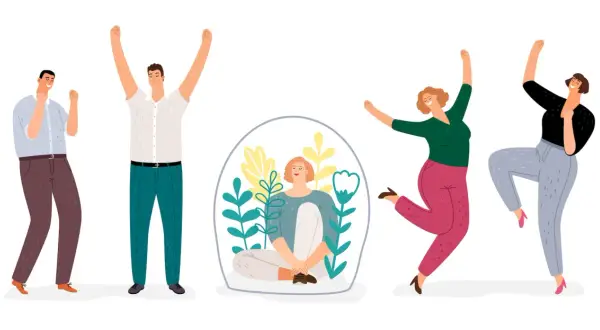 Vrolijke mensen vieren feest, het tegenovergestelde van introvert. Eén persoon zit in een glazen bol, omringd door planten.