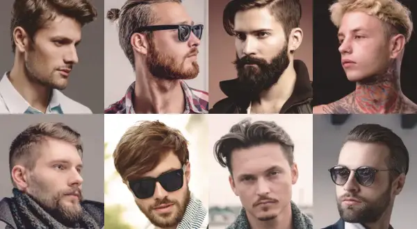 Kolaż ośmiu mężczyzn z różnymi stylami, w tym modna męska fryzura z zaczesanymi włosami i brodą.