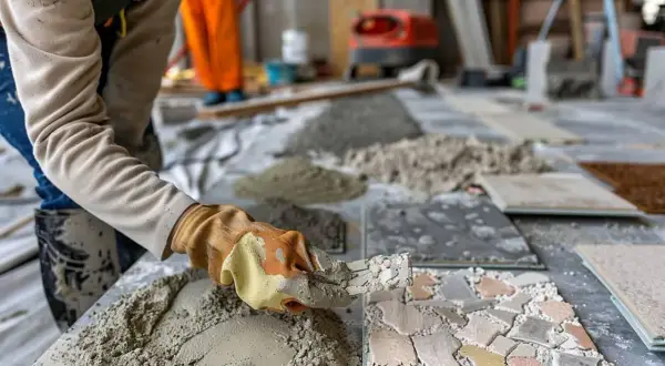 Un ouvrier applique du mortier pour un ragréage de sol. Des tas de sable et de ciment sont prêts pour le travail.
