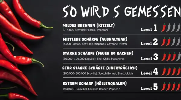 Rote Chilis auf schwarzem Grund, die Schärfegrade von mild bis extrem anzeigen. Was hilft gegen scharfes Essen? Die Skala zeigt, wie man die Schärfe von Chilis misst.