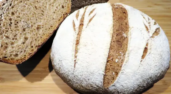 Pane rustico con farina 00, crosta dorata e mollica alveolata, pronto per essere gustato.