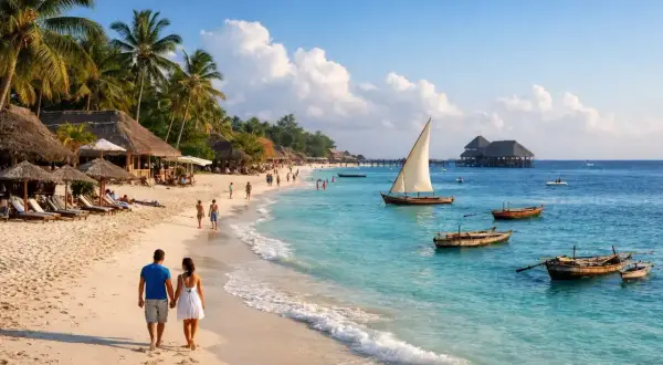 Zanzibar co warto zobaczyć: rajska plaża z palmami, łodzie na turkusowym morzu i spacerująca para. Idealne miejsce na wakacje.