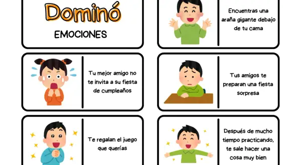 Juego de las emociones para imprimir. Dominó con ilustraciones de niños expresando sorpresa, miedo, alegría y decepción ante diversas situaciones.