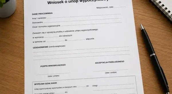 Formularz wniosku o urlop wypoczynkowy, gotowy do wypełnienia. Czas na zasłużony urlop na żądanie!
