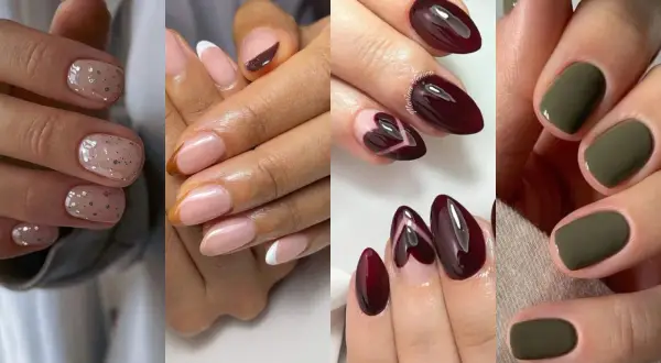 Manicure autunnali: unghie nude con glitter, french con marrone, bordeaux con cuori e verde militare. Perfette per unghie ottobre.
