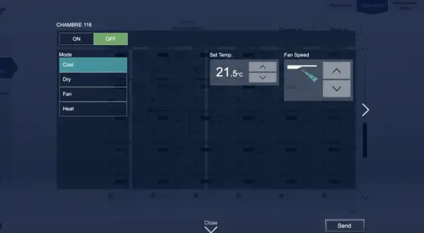 Le clim Mitsubishi est en mode chauffage pour la chambre 116. La température est réglée à 21.5°C.