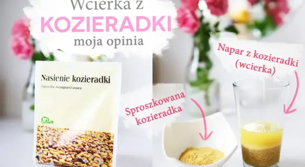 Nasiona kozieradki i sproszkowana kozieradka do przygotowania wcierki na włosy. Napar z kozieradki w szklance.