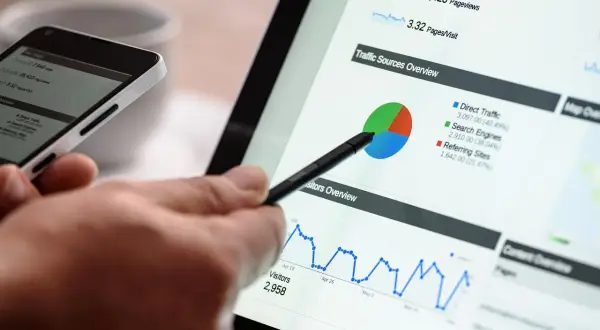 Analiza danych na ekranie tabletu i telefonu. Widać wykresy, kołowy podział ruchu i statystyki. To pokazuje, co wie o mnie Google.