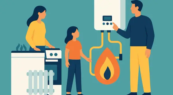 Famiglia vicino a caldaia e fornelli, con fiamma che simboleggia il consumo di gas. Si interrogano: quanti metri cubi di gas si consumano in un mese?