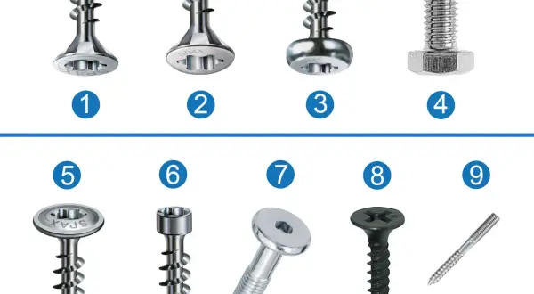 Verschiedene schrauben arten, von links nach rechts: 1-3 und 5-9 sind Holzschrauben mit unterschiedlichen Köpfen, 4 ist eine Maschinenschraube.