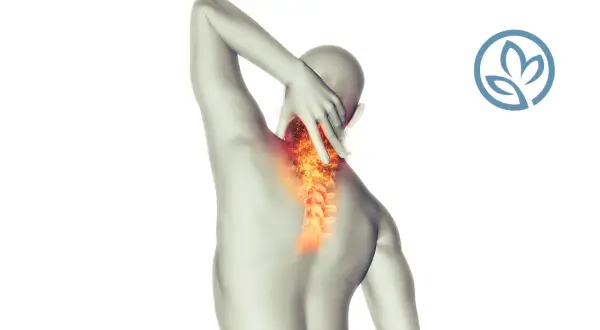 Dolore al collo e alla schiena, con colonna vertebrale evidenziata da fiamme. Scopri gli esercizi per la lordosi cervicale.
