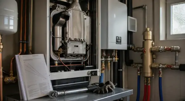 Installazione di caldaia e condizionatore insieme, con manuale tecnico e attrezzi pronti per il lavoro.