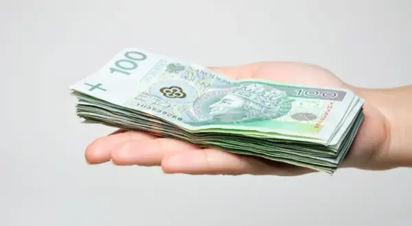 Dłoń trzyma stos banknotów 100 zł. To wstępny zstępny kapitał na nowy projekt.