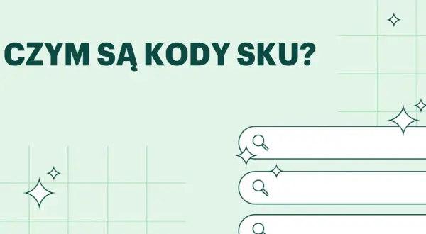Czym są kody SKU? Grafika z pytaniem i ikonami wyszukiwania, sugerująca potrzebę identyfikacji produktu.