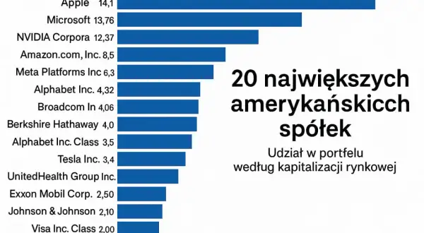 Wykres słupkowy przedstawia 20 największych amerykańskich spółek według kapitalizacji rynkowej, z Apple na czele. To przegląd pko akcji rynku amerykańskiego.